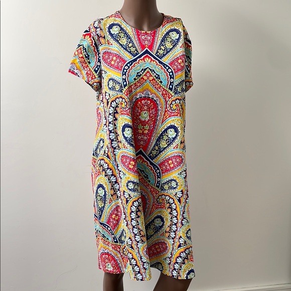 J. Mcglaughlin Catalina Shift Dress Shortsleeves Paisley Floral Red Yellow XL - Picture 1 of 9